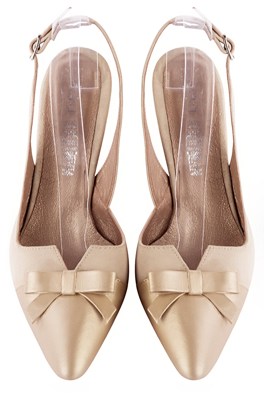 Gold and champagne white women's open back shoes, with a knot. Tapered toe. Medium slim heel. Top view - Florence KOOIJMAN
